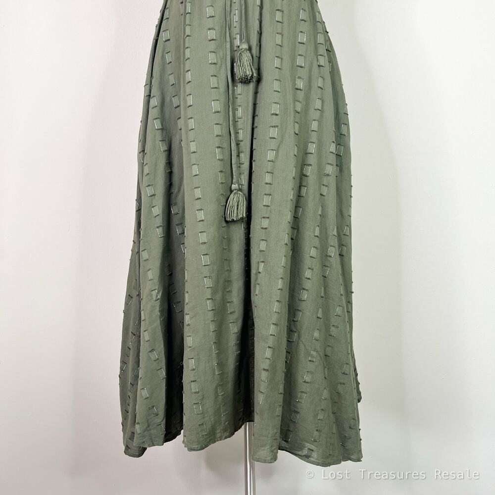 Never A Wallflower | Kelli Olive Green Textured Cotton Tassel Tie Maxi Dress XS - Picture 4 of 12